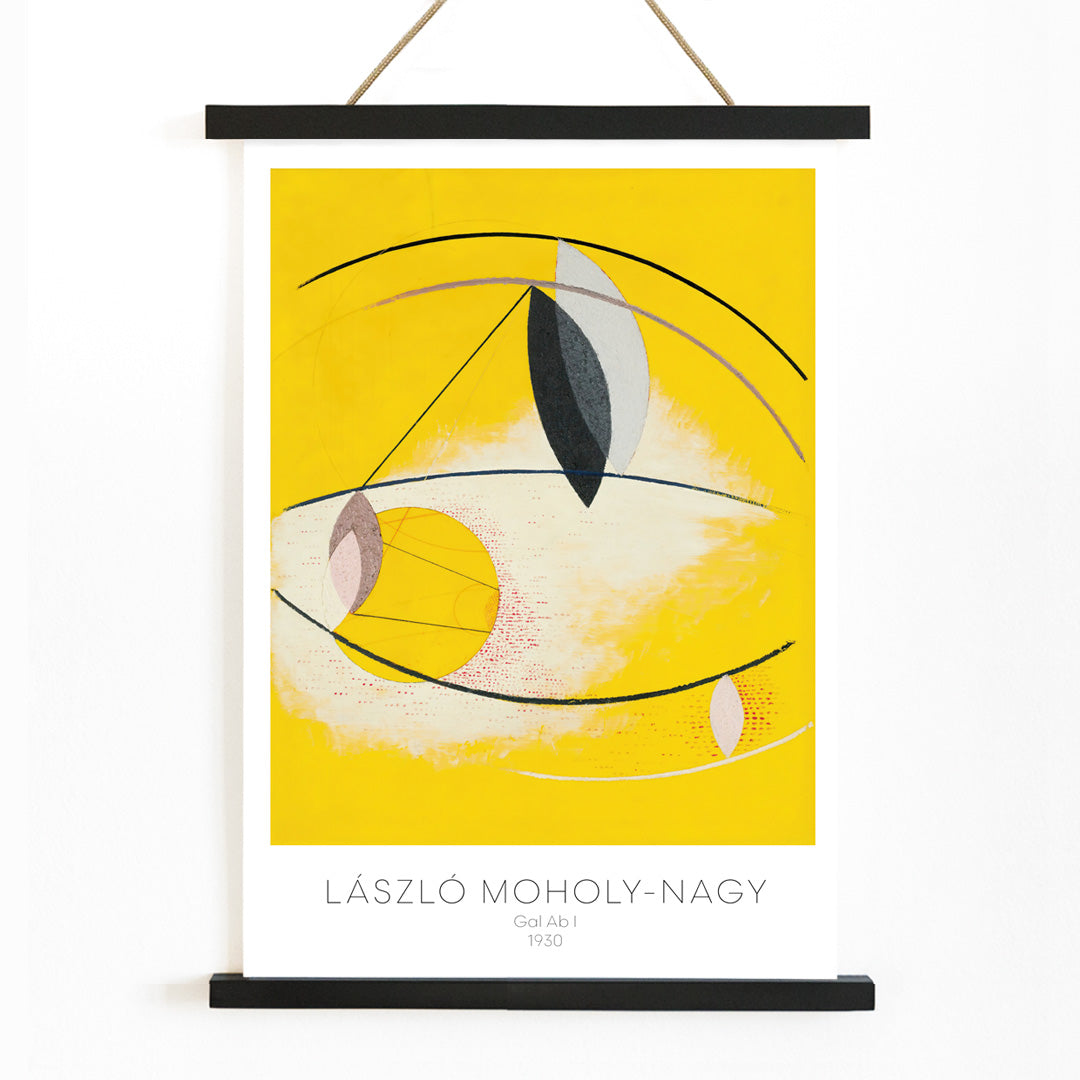 Abstract geometric yellow and white shapes with curved lines artwork Gal Ab I by Laszlo Moholy Nagy poster for wall decor, with wooden magnetic frame on white background