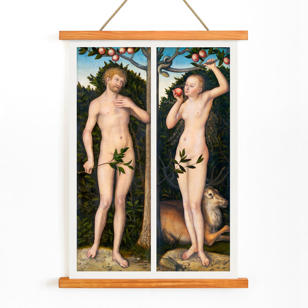 Lucas Cranach Adam and Eve painting in the Garden of Eden with snake apples animals and fruit trees biblical figures, with wooden magnetic frame on white background