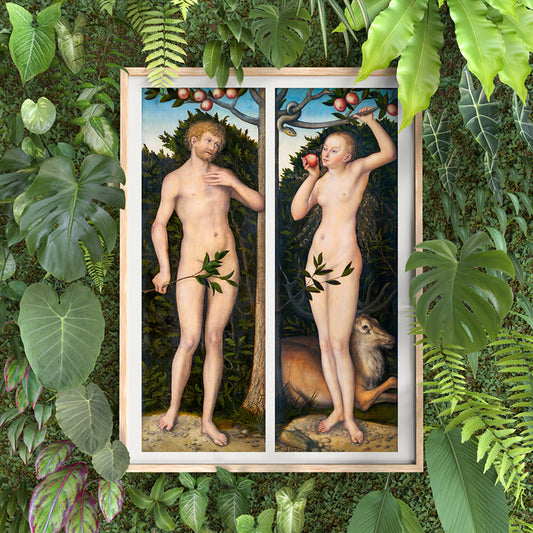 Lucas Cranach Adam and Eve painting in the Garden of Eden with snake apples animals and fruit trees biblical figures, framed and displayed in home decor