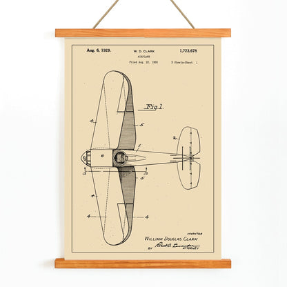 Airplane patent design drawing and detailed blueprint poster by WD Clark with annotated parts and technical specifications, with wooden magnetic frame on white background