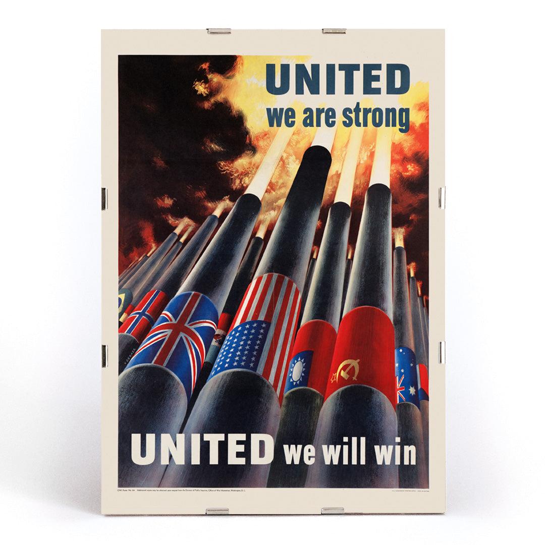 Allied nation flags on artillery cannons in fiery sky with text United we are strong United we will win by Henry Koerner, framed and displayed in modern living room decor