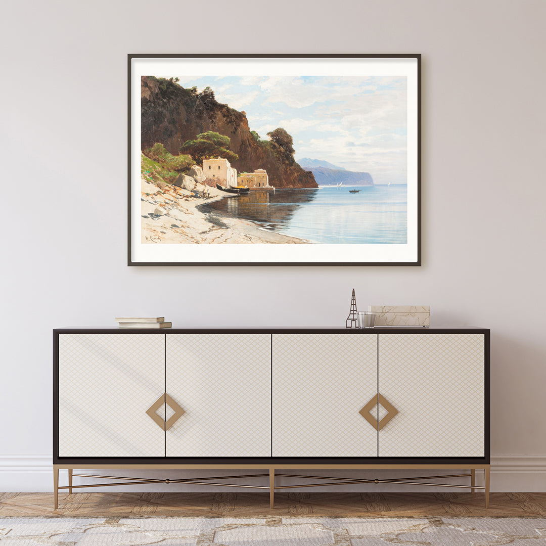 Amalfi Coast landscape with boats cliffs buildings and calm sea by Hermann David Salomon Corrodi, framed and displayed in home decor
