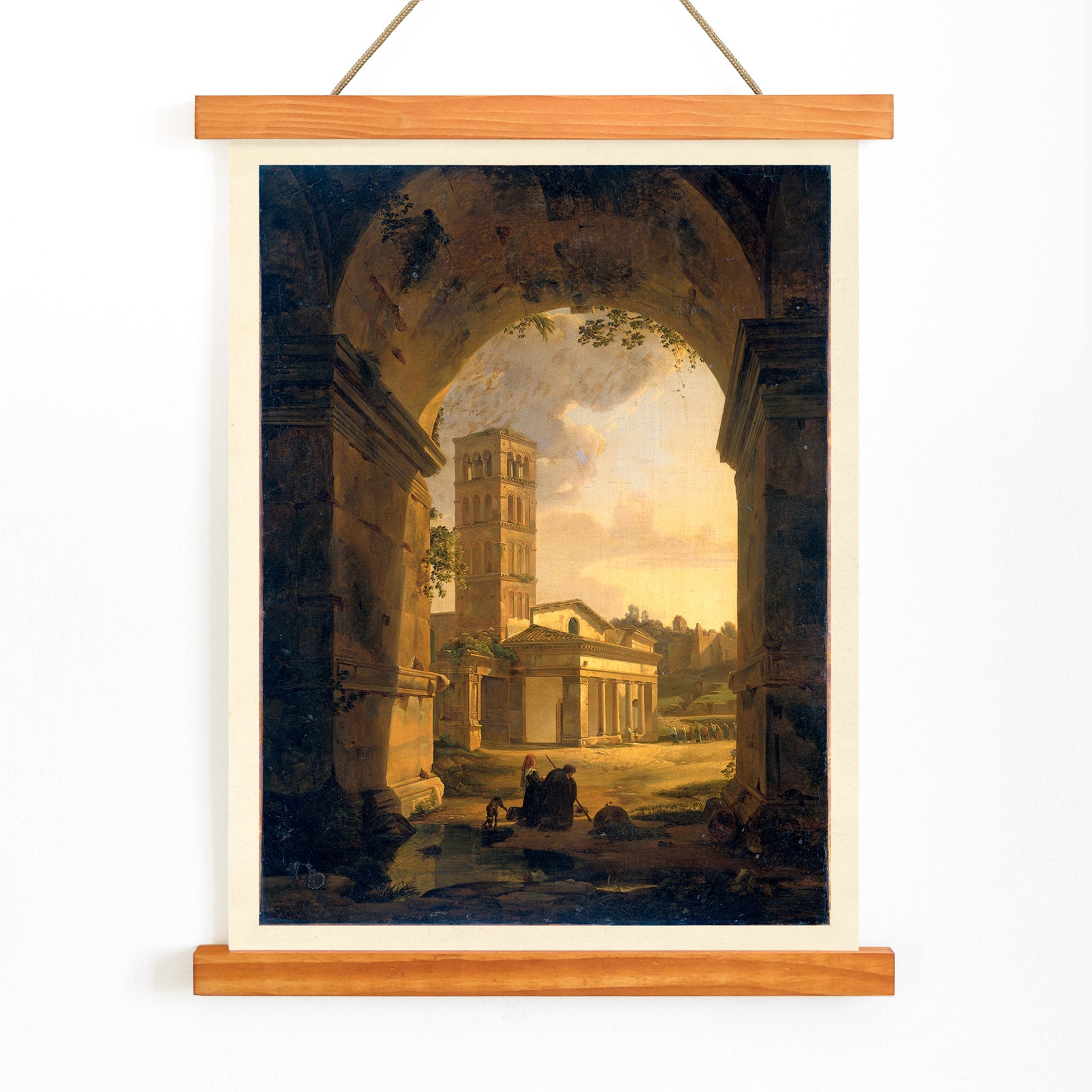 San Giorgio in Velabro Rome painting by Antonie Sminck Pitloo with people ruins and archway view poster, with wooden magnetic frame on white background