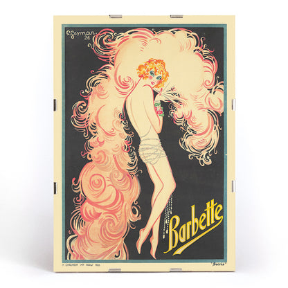 Colorful Art Deco performer illustration with pink swirls and flowing feathers by Charles Gesmar Barbette vintage wall decor poster, framed and displayed in modern living room decor