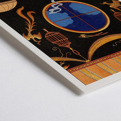 Closeup detail of Elegant Art Deco interior with two figures lounging Falbalas et fanfreluches La paresse by George Barbier