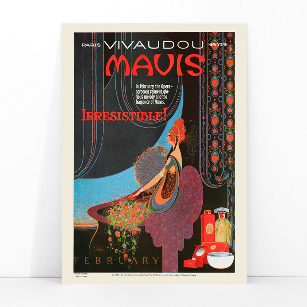 Elegant woman in art deco style with perfume bottles vibrant colors and wall decor poster for Mavis Irresistible by Fred L Parker, framed and displayed in modern living room decor