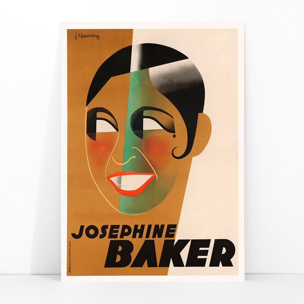 Art Deco poster of Josephine Baker by J Chassaing featuring bold geometric shapes and modern colorful style, framed and displayed in modern living room decor