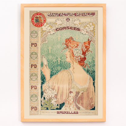 Closeup detail of Art Nouveau poster by Alphonse Mucha featuring a woman in a corset with mirror and floral details Manufacture Royale De Corsets
