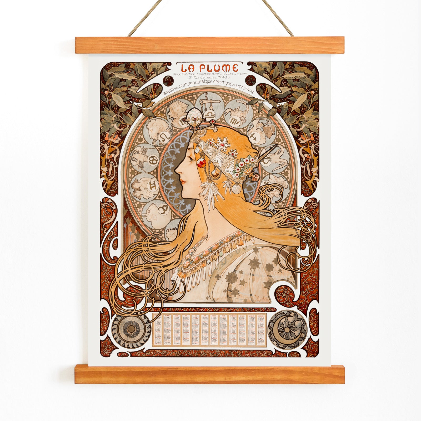 Art Nouveau poster Zodiaque or La Plume by Alphonse Maria Mucha featuring a woman with long hair and zodiac symbols, with wooden magnetic frame on white background
