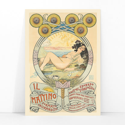 Art Nouveau poster of a reclining woman with sunflowers and pastoral landscape by Giovanni Mataloni II Mattino perfect for art lovers, framed and displayed in modern living room decor