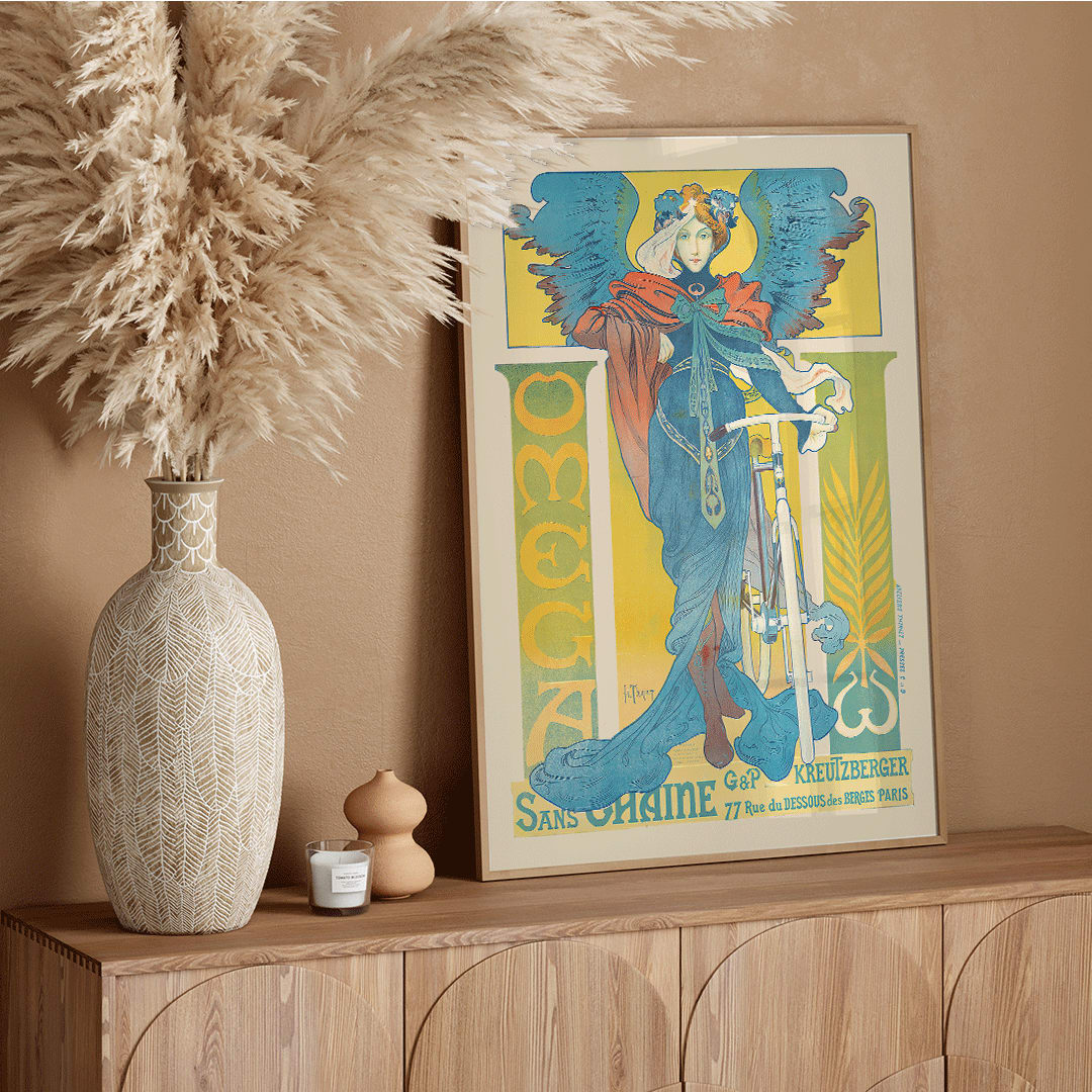 Art Nouveau poster by Henri Thiriet Omega featuring a woman in flowing robes with wings beside a bicycle colorful illustration and decorative text, framed and displayed in home decor