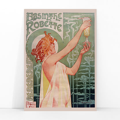 Art Nouveau poster Absinthe Robette by Privat-Livemont featuring a woman holding a glass of absinthe with stylized smoke, framed and displayed in modern living room decor