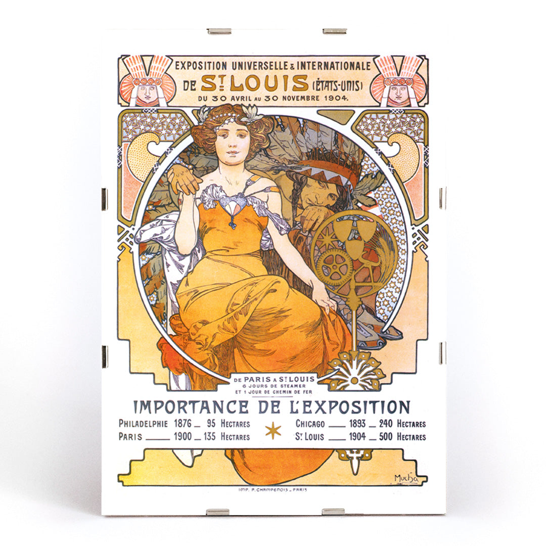 Art Nouveau poster of a woman in a flowing yellow dress with floral motifs Exposition de Saint Louis by Alphonse Mucha, framed and displayed in modern living room decor