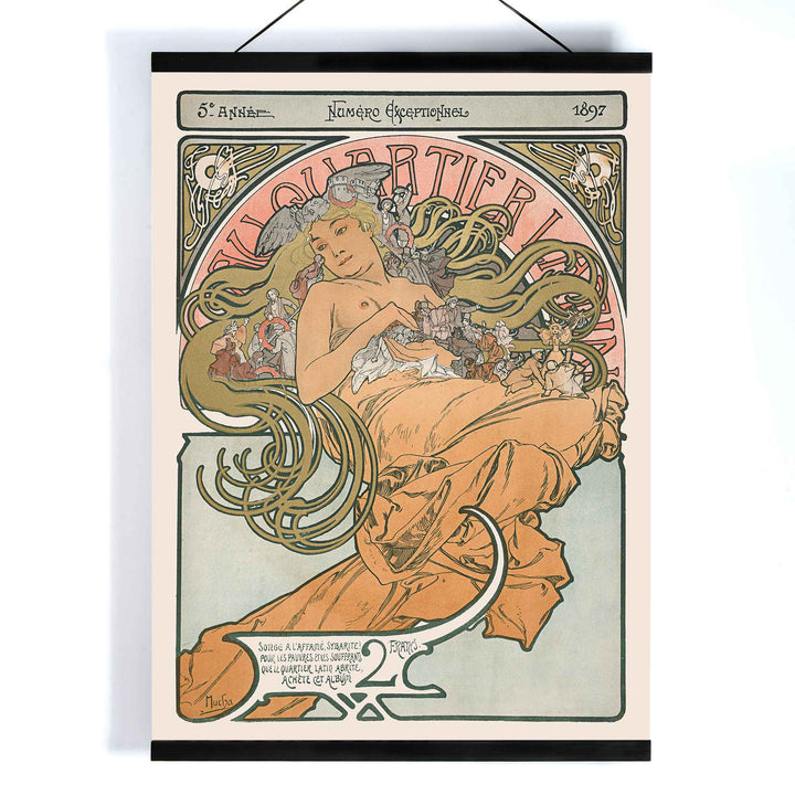 Alphonse Mucha Au Quartier Latin poster with elegant woman and flowing floral tendrils in soft peach green and cream tones, with wooden magnetic frame on white background