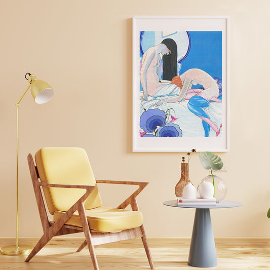 Sensual art poster of two nude figures in bed from Les Aventures du Roi Pausole by Umberto Brunelleschi erotic illustration, framed and displayed in home decor