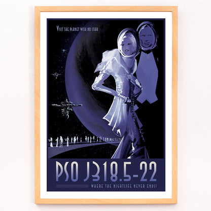 Futuristic space travelers and two figures in space suits with planet backdrop at exoplanet PSO J318.5-22 where the nightlife never ends by NASA, framed and displayed in modern living room decor