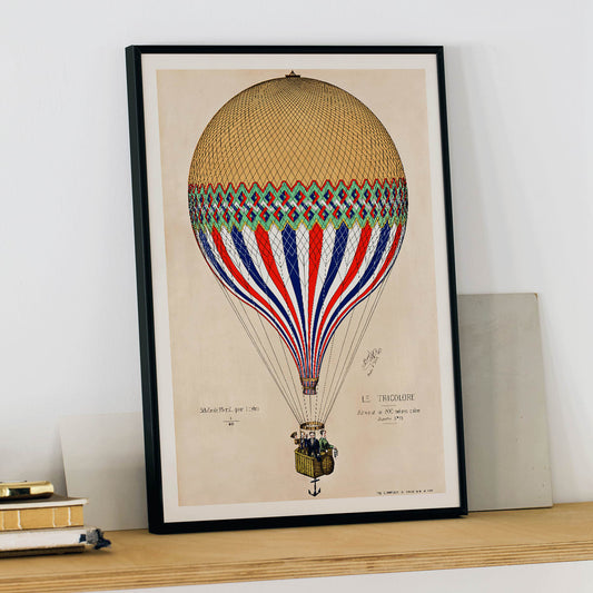 French flag hot air balloon in red white and blue ascending over Paris artwork Le Tricolore by E Hennequin with passengers, framed and displayed in home decor
