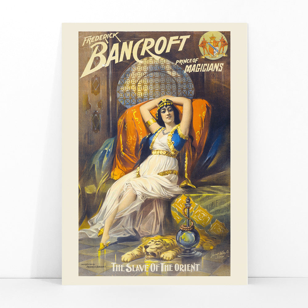 Woman in exotic attire reclining on luxurious couch with hookah and tiger rug Frederick Bancroft prince of magicians artwork poster by Springer and Welty Lith, framed and displayed in modern living room decor