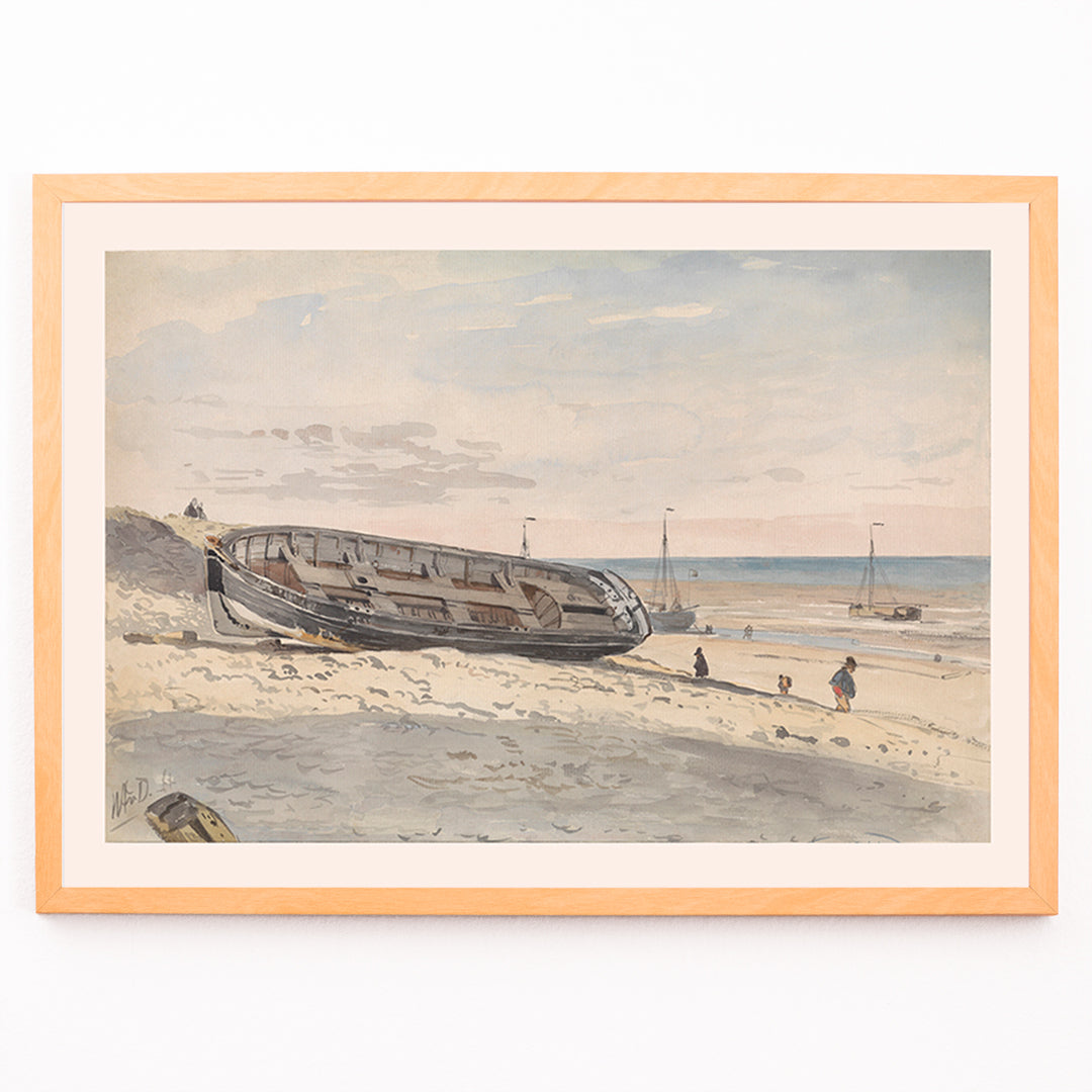 Closeup detail of Beached barges and figures on sandy shore with distant boats Barges on the beach by Willem Anthonie van Deventer painting