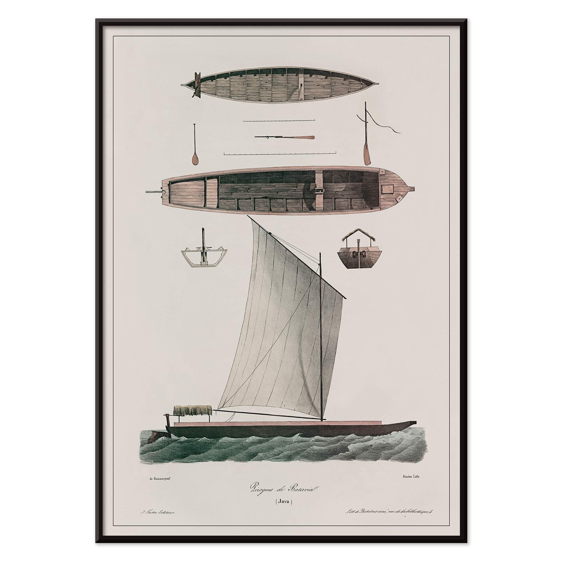 Pirogues of Batavia poster by J. Tastu featuring historic Java boats and a sailing pirogue in muted green beige tones, with black aluminium frame on white background