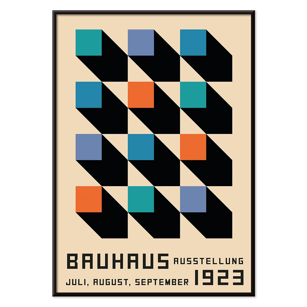 Bauhaus Poster inspired by the Weimar Exhibition with geometric patterns bold colors by Joost Schmidt in black blue orange and teal squares, with black aluminium frame on white background