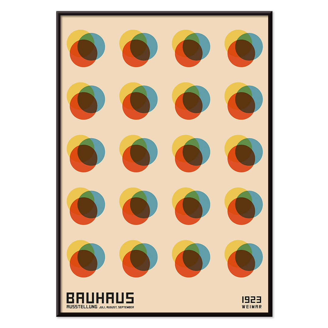 Bauhaus Poster 8 Inspired by the Weimar Exhibition with abstract colorful overlapping circles in a geometric grid pattern, with black aluminium frame on white background