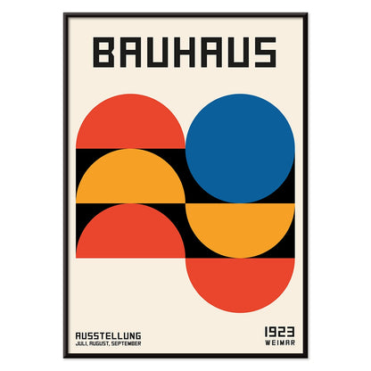 Bauhaus Poster 18 with bold geometric shapes in red blue and yellow on a white background minimalist design primary colors and Bauhaus text at the top, with black aluminium frame on white background