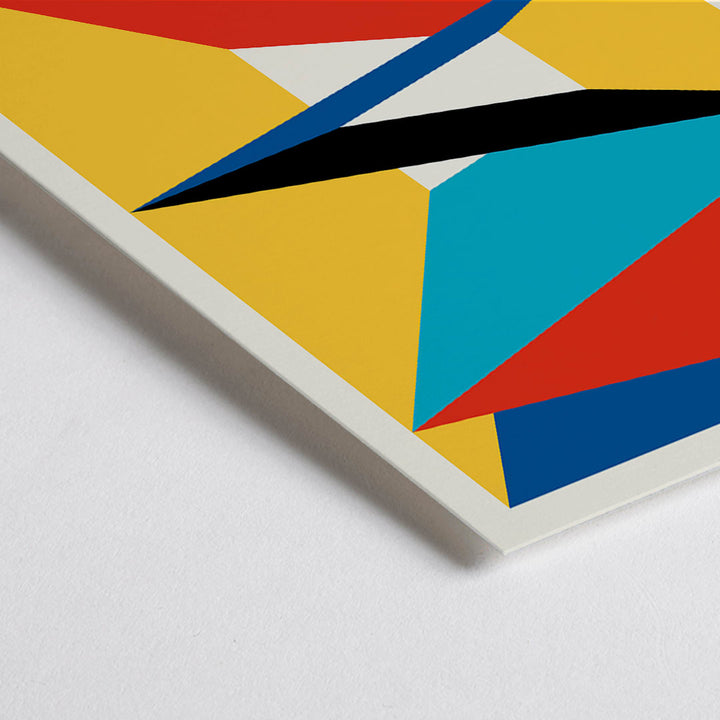 Closeup detail of Geometric abstract Bauhaus poster 16 featuring vibrant geometric shapes in red blue black and yellow arranged symmetrically framed artwork