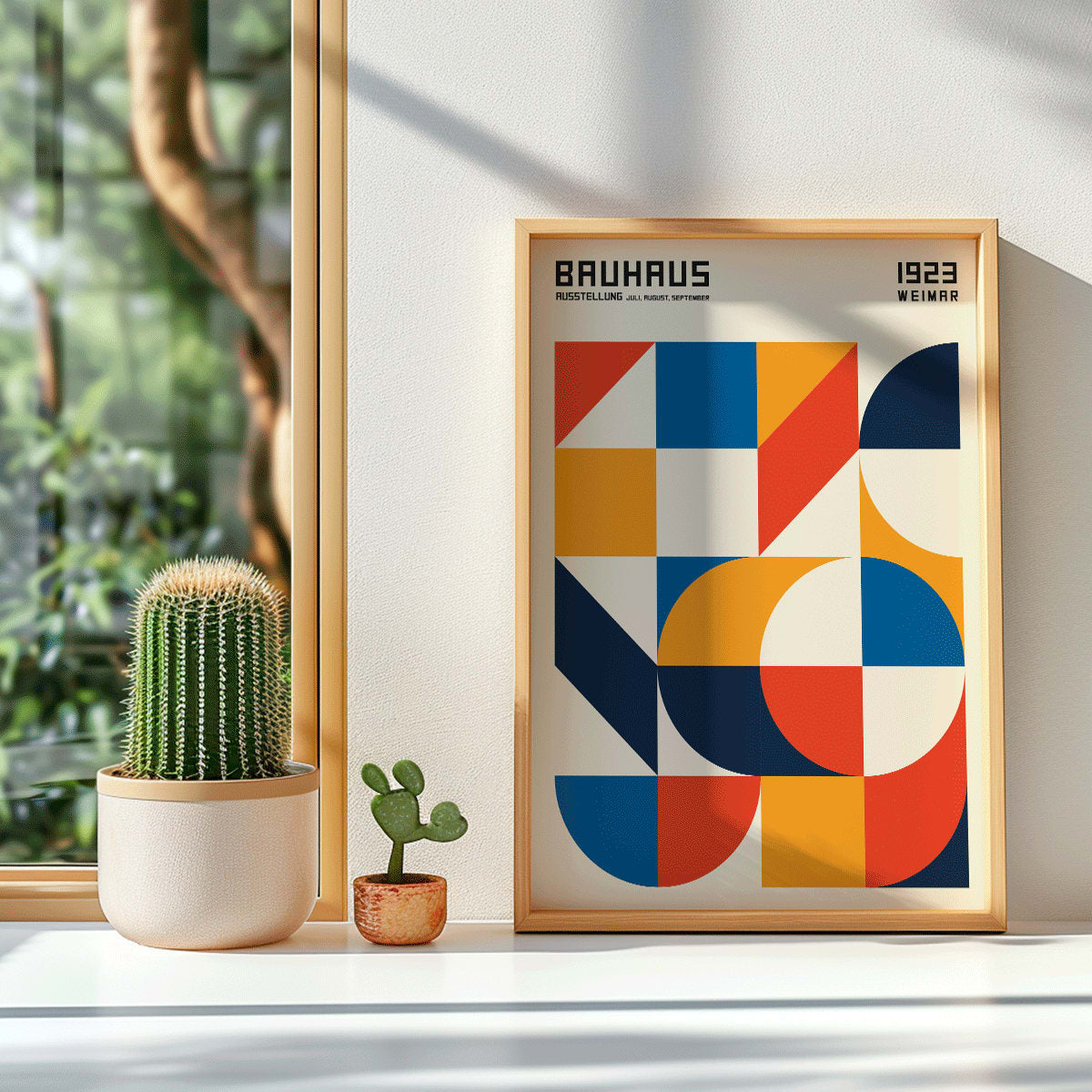Bauhaus Poster 19 with bold colors geometric shapes squares and circles modern wall art, framed and displayed in modern living room decor