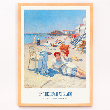 Closeup detail of People relaxing on a sunny beach with chairs buildings and colorful umbrellas On the Beach at Grado by Eduard Otto Braunthal