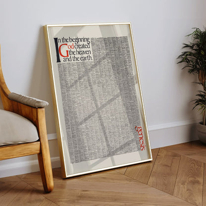 Genesis typography artwork and poster by Herb Lubalin with text In the beginning God created the heaven and the earth featuring the first pages of Genesis, framed and displayed in home decor