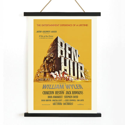 Ben-Hur film poster by William Wyler with Charlton Heston Jack Hawkins large stone chariot race horses and ancient Roman architecture, with wooden magnetic frame on white background