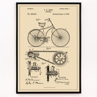 Closeup detail of Bicycle technical illustration and mechanical parts drawing by C D Rice from Bicycle patent displayed on vintage background