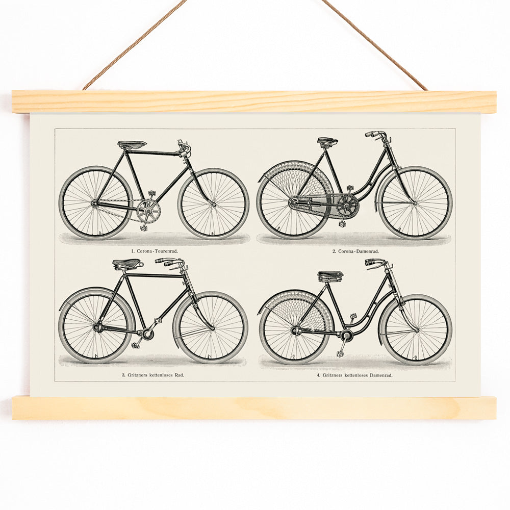 Vintage bicycles black and white lithograph from Meyers Konversations Lexikon showing various types poster, with wooden magnetic frame on white background