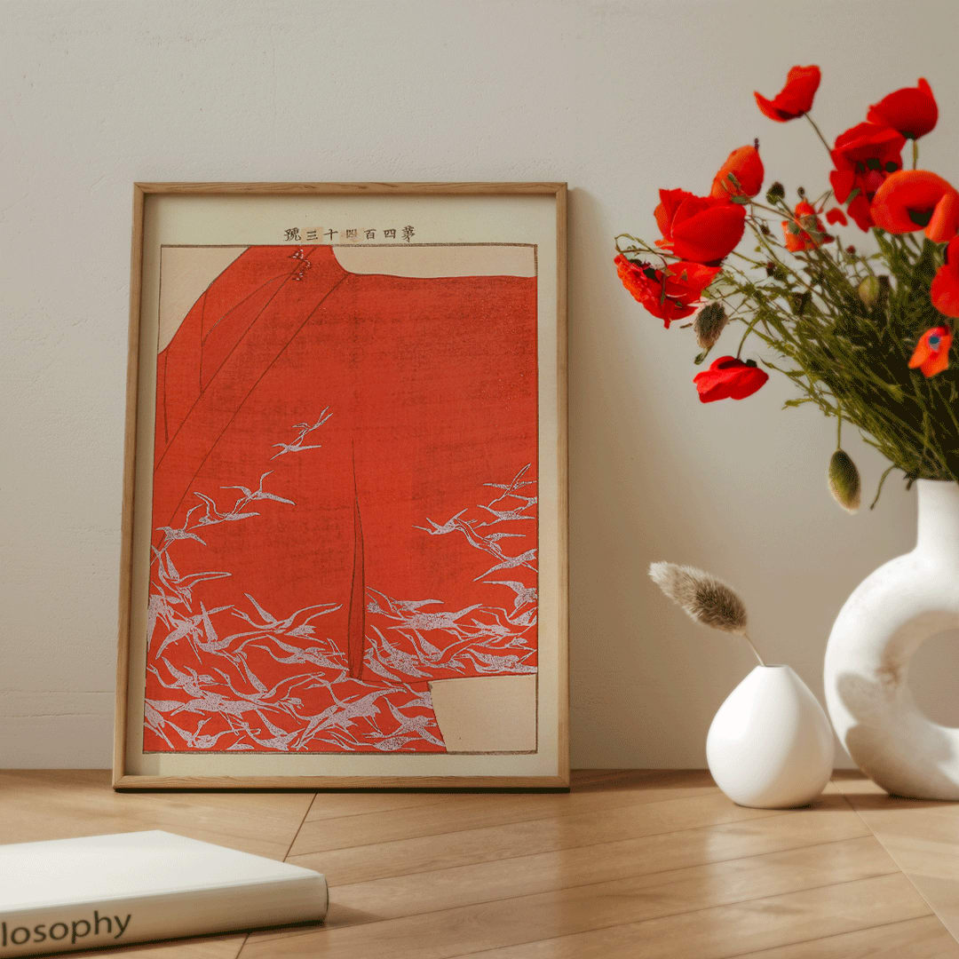 Seikō Ueno Yachigusa volume 15 plate 23 poster featuring white birds flying on vibrant red background artwork, framed and displayed in home decor