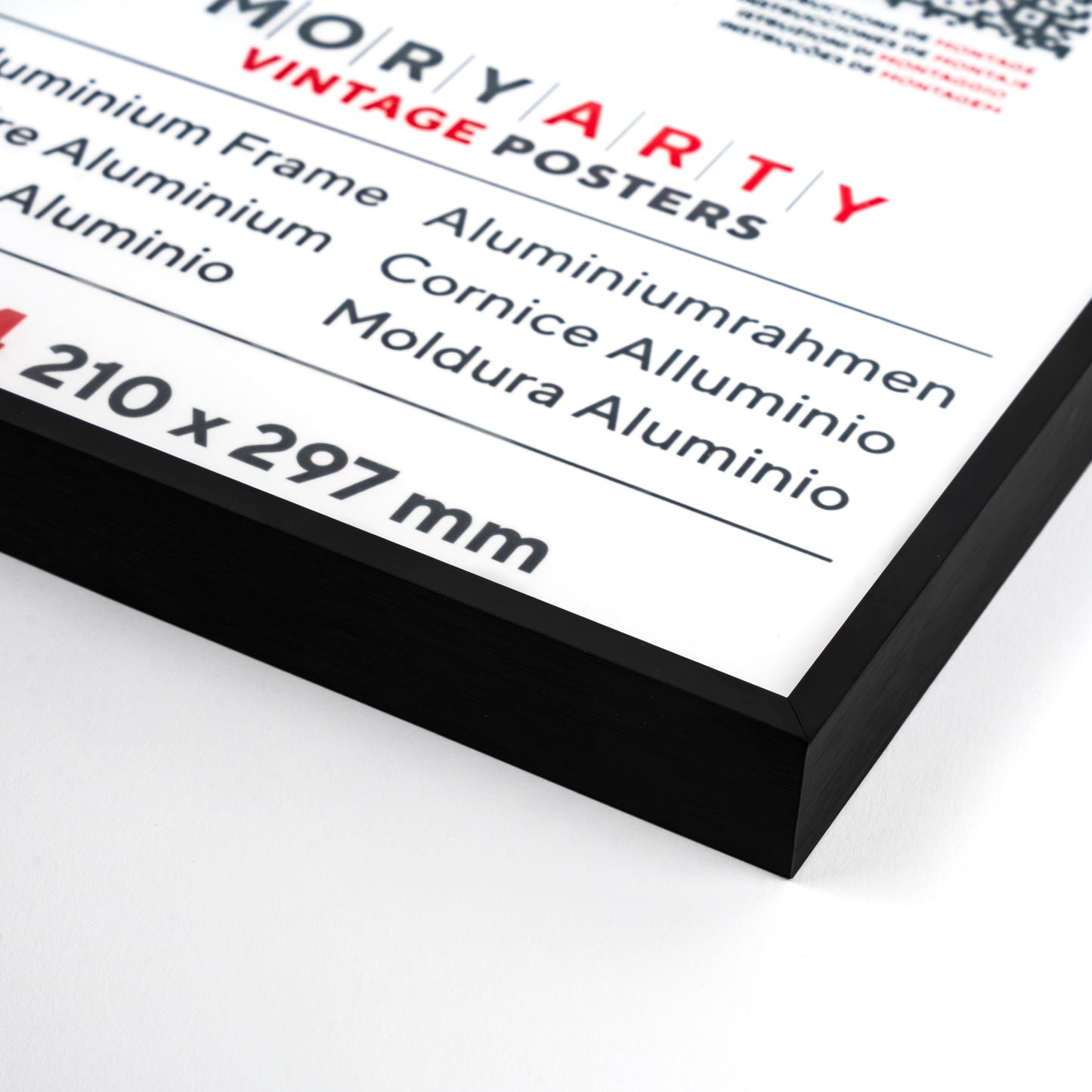 Black aluminium picture frame with a sleek, modern design and elegant finish, suitable for displaying photos or artwork in any décor., front corner closeup picture