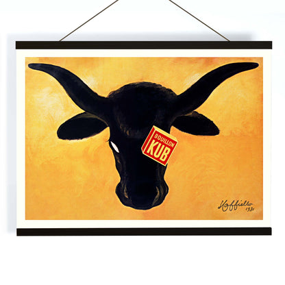 Leonetto Cappiello Bouillon Kub poster featuring a bold black bull on vivid orange background with red label, with wooden magnetic frame on white background