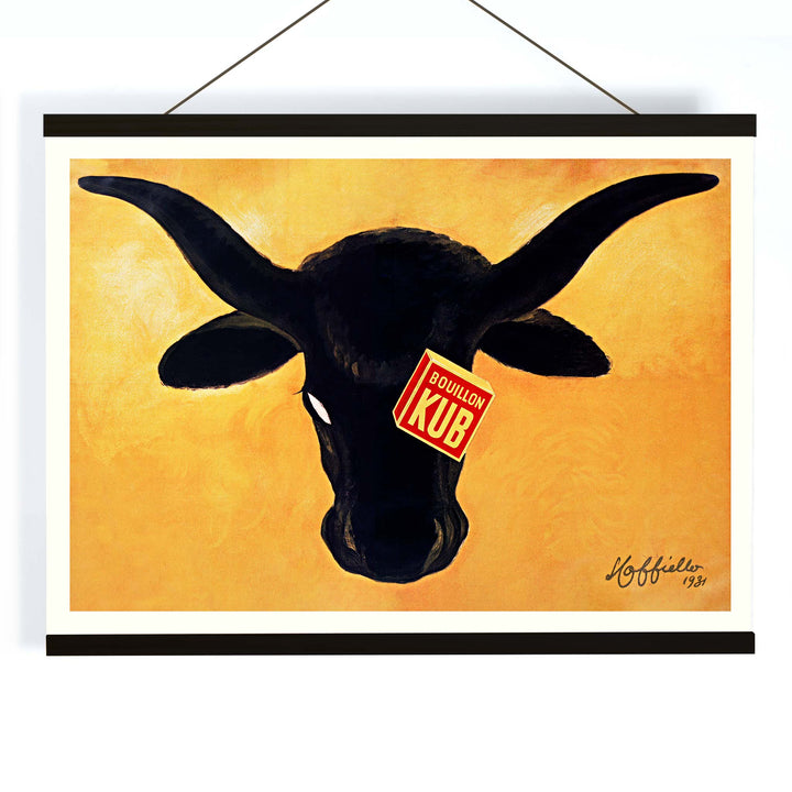 Leonetto Cappiello Bouillon Kub poster featuring a bold black bull on vivid orange background with red label, with wooden magnetic frame on white background