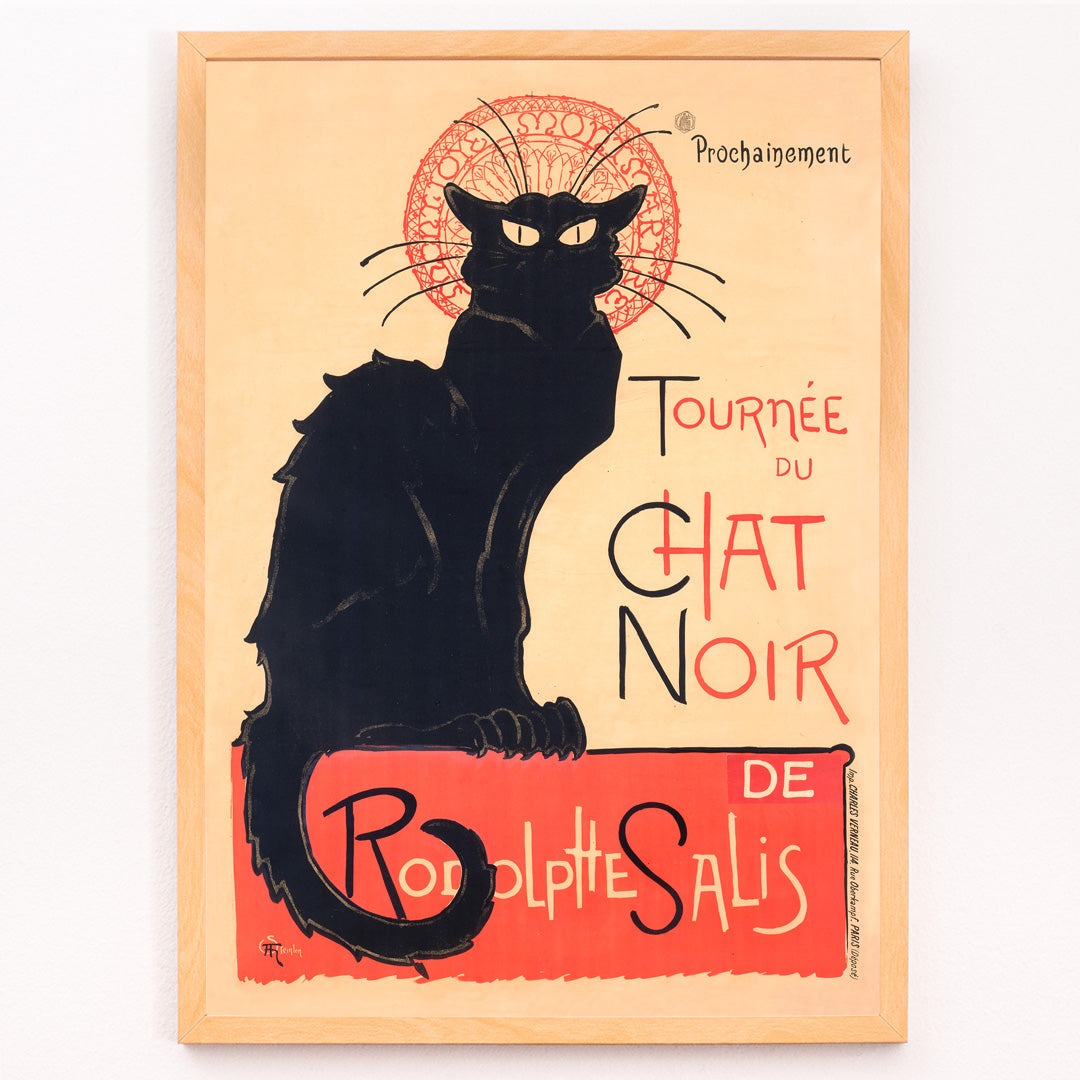 Closeup detail of Black cat poster with bold red and yellow accents Tournee du Chat Noir artwork by Theophile Alexandre Steinlen
