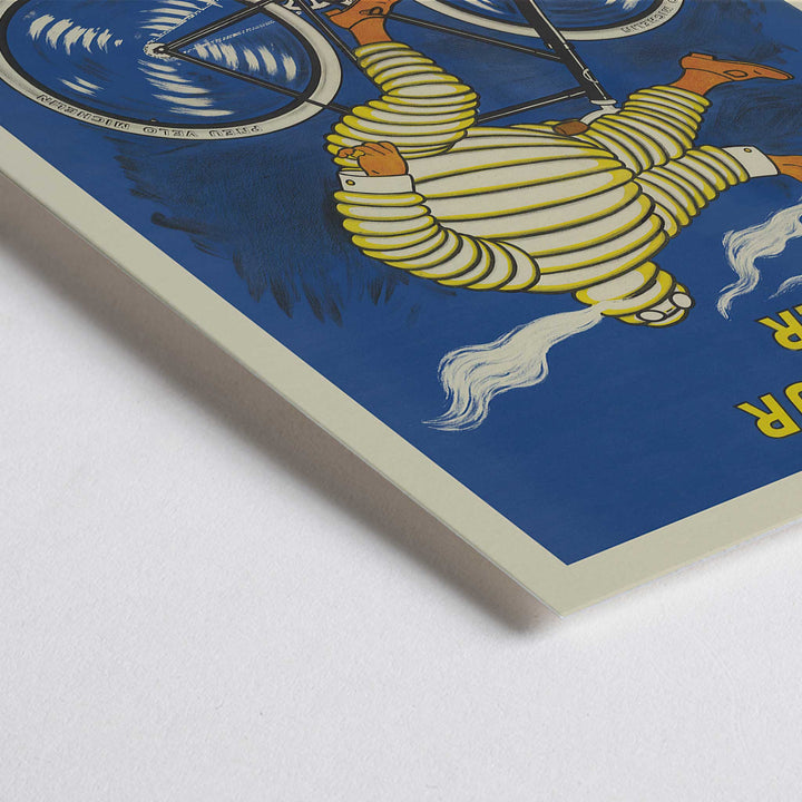 Closeup detail of Marius Rossillon Michelin bicycle tire poster with striped cyclist riding bicycle on blue background with yellow text