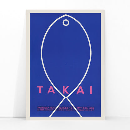 Minimalist blue and white fish outline artwork poster on blue background with Takai exhibition details by Teiji Takai, framed and displayed in modern living room decor