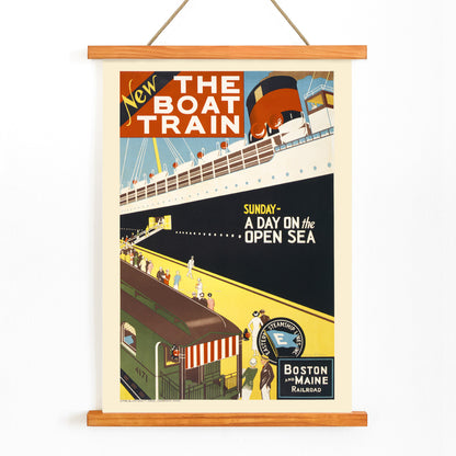 Vintage travel poster by Charles W Holmes showing people boarding a ship from a train platform for a day at sea titled New The boat train, with wooden magnetic frame on white background