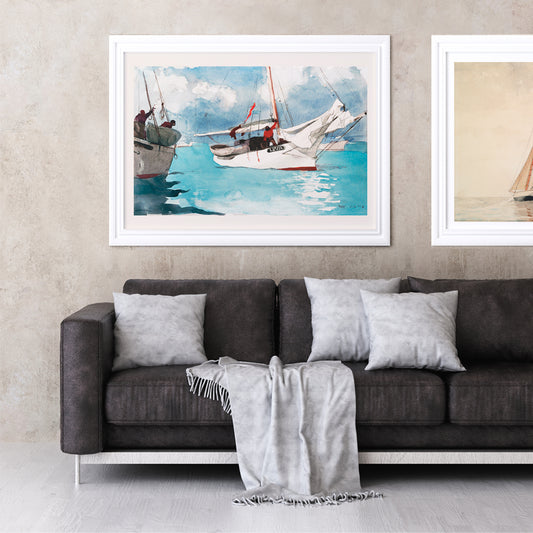 Vibrant fishing boats on turquoise blue water painted by Winslow Homer in Fishing Boats Key West perfect coastal decor poster, framed and displayed in home decor