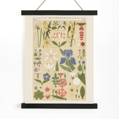 Botanical illustration poster of colorful leaves and flowers by Owen Jones from Grammar of Ornament, with wooden magnetic frame on white background