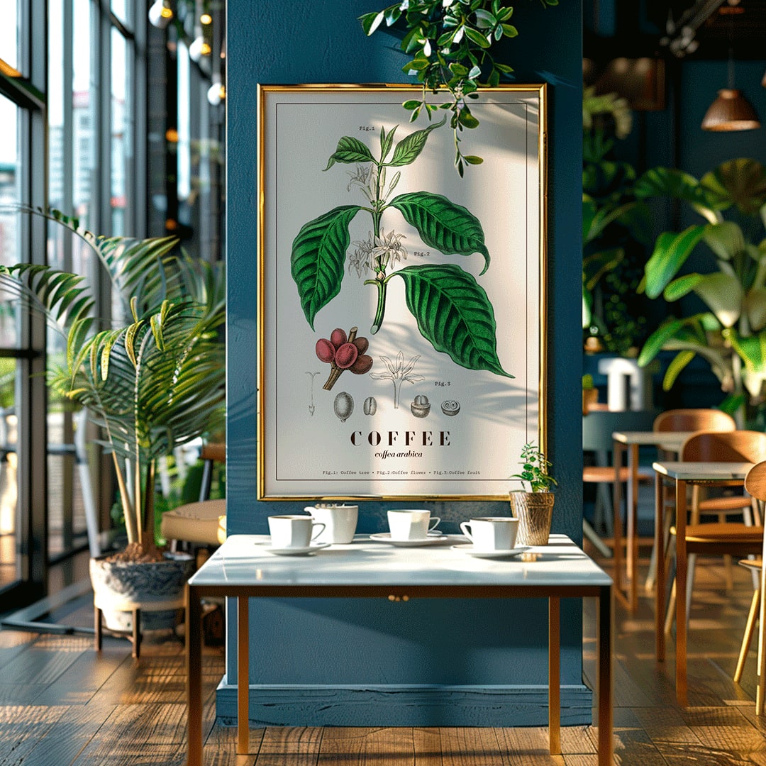 Botanical illustration and poster of Coffea arabica plant by John Stephenson featuring detailed coffee tree leaves and fruits, framed and displayed in home decor