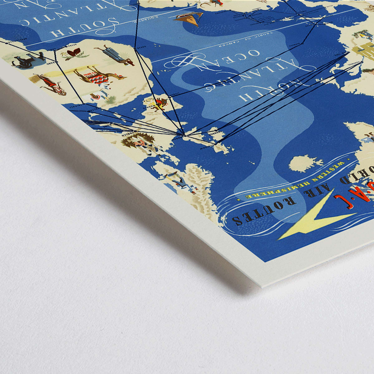 Closeup detail of Colorful map and poster of BOAC British Overseas Airways world air routes over the Atlantic Ocean by Seymour EO