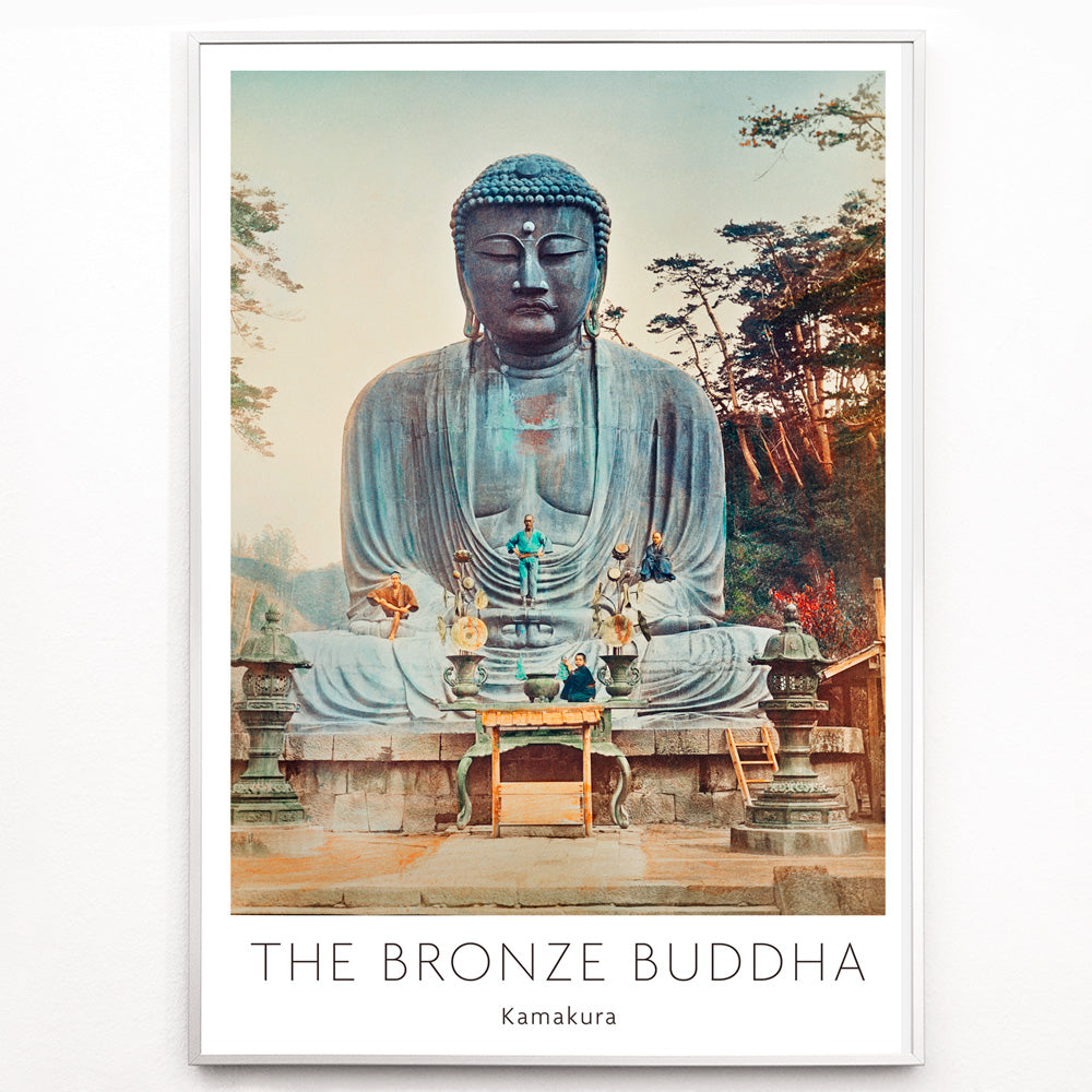 Closeup detail of Bronze Buddha at Kamakura by Kazumasa Ogawa large outdoor statue with trees and altar in background