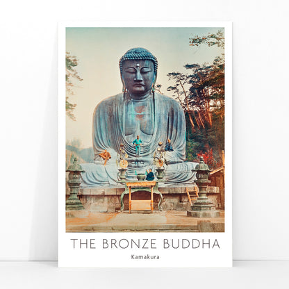 Bronze Buddha at Kamakura by Kazumasa Ogawa large outdoor statue with trees and altar in background, framed and displayed in modern living room decor