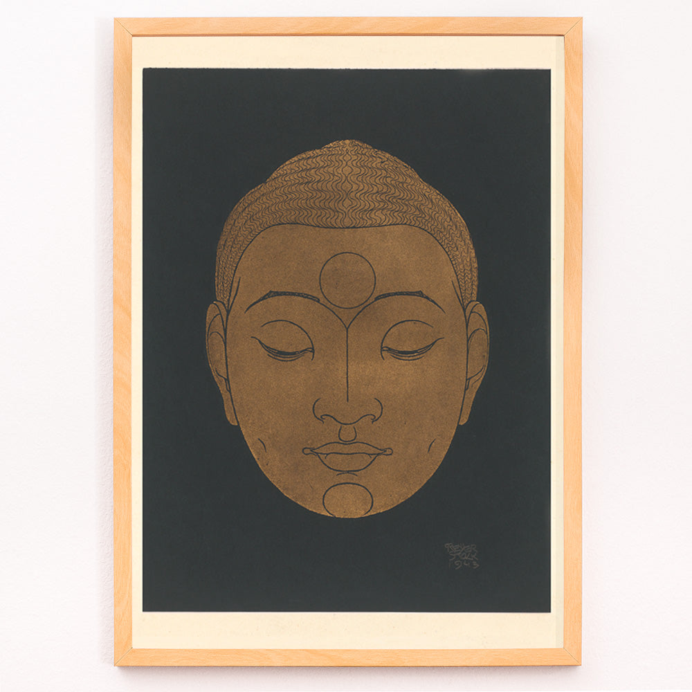 Closeup detail of Minimalist golden Buddha head illustration artwork by Reijer Stolk on dark background poster titled Head of Buddha