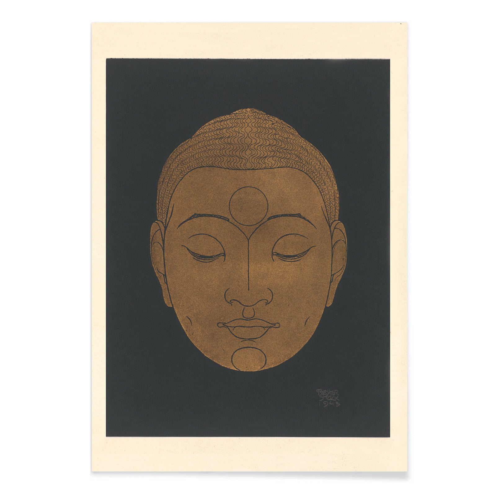 Minimalist golden Buddha head illustration artwork by Reijer Stolk on dark background poster titled Head of Buddha, with black aluminium frame on white background